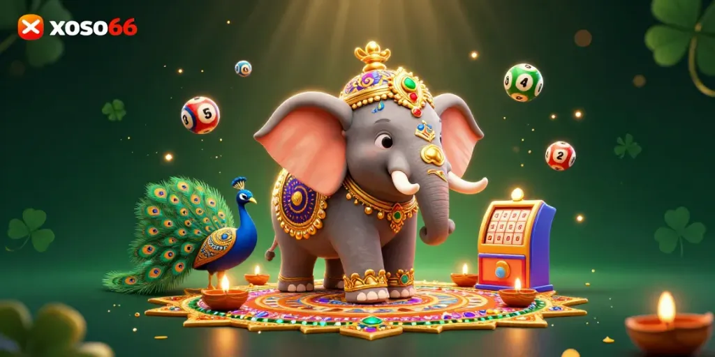 xoso66 showcases vibrant 3D illustrations with elephants and peacocks representing exciting lottery themes.