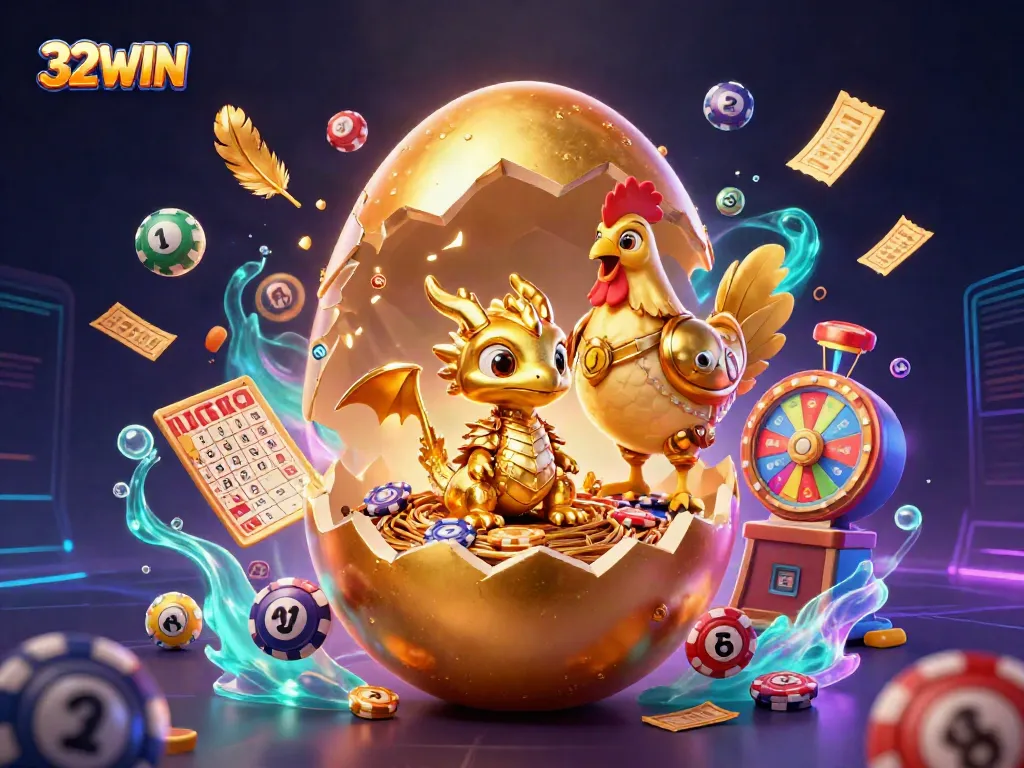 Experience the excitement of 32WIN with a baby dragon revealing golden treasures and thrilling lottery elements.