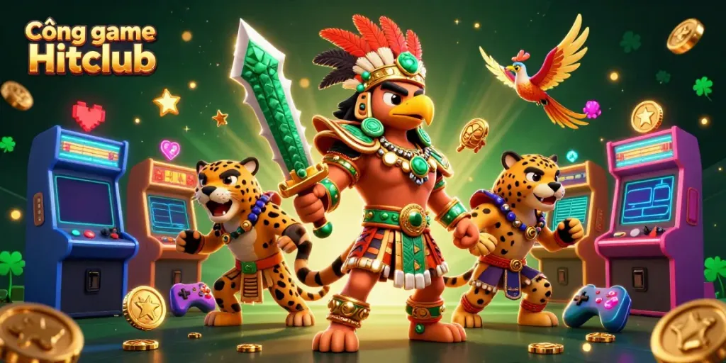 Cổng game Hitclub showcases vibrant casino action with Aztec characters and glowing arcade machines.
