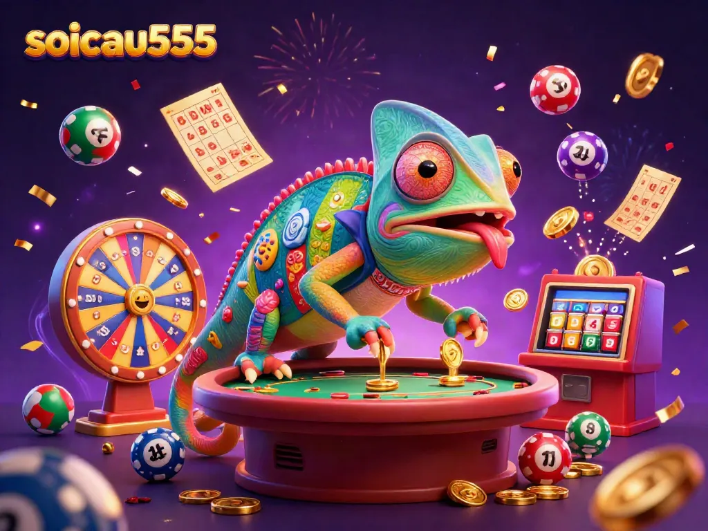 Engaging scene showcasing soicau555 with a dynamic chameleon casino owner and vibrant gambling elements.