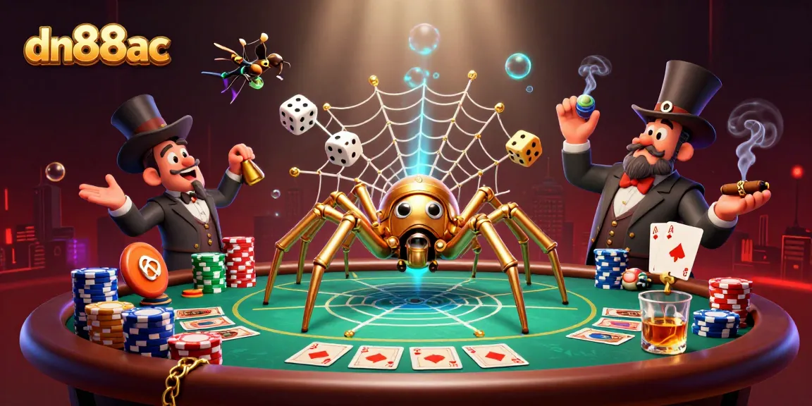 Engage with dn88ac in this vibrant 3D casino scene featuring steampunk characters and poker elements.