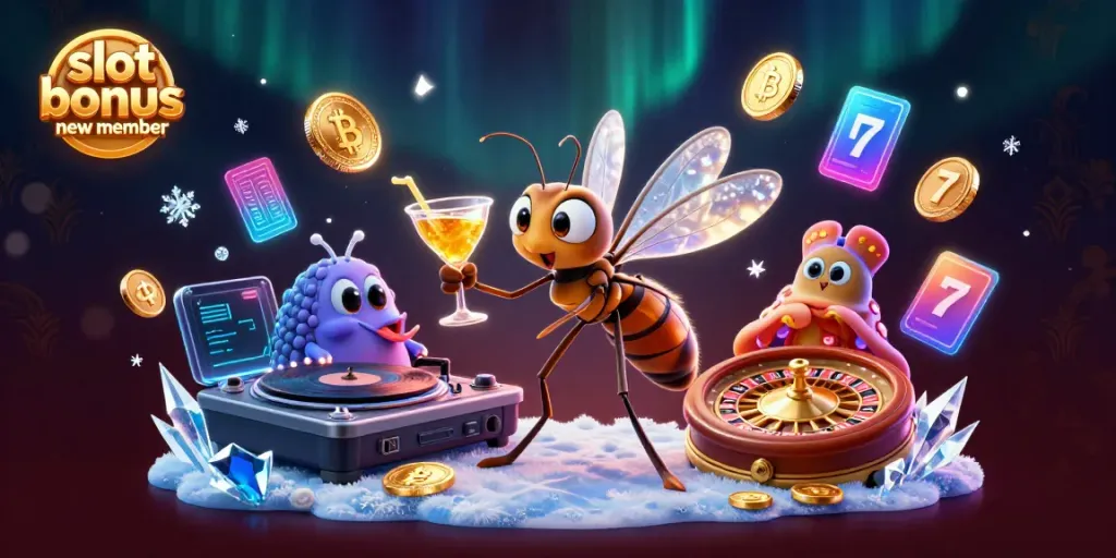 Engage with the exciting slot bonus new member featuring unique casino mascots and vibrant crypto elements.
