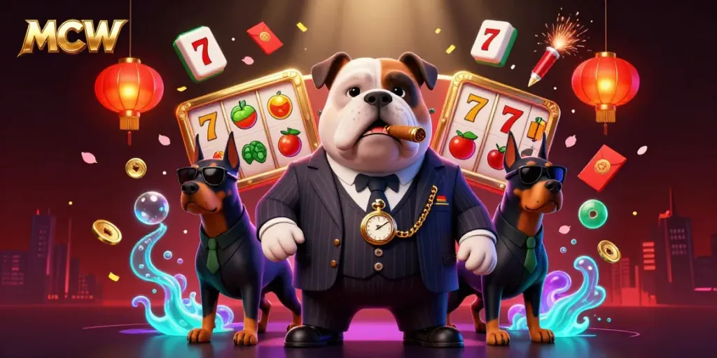 MCW presents an exciting scene with a mafia bulldog surrounded by vibrant gaming elements symbolizing slots and wealth.
