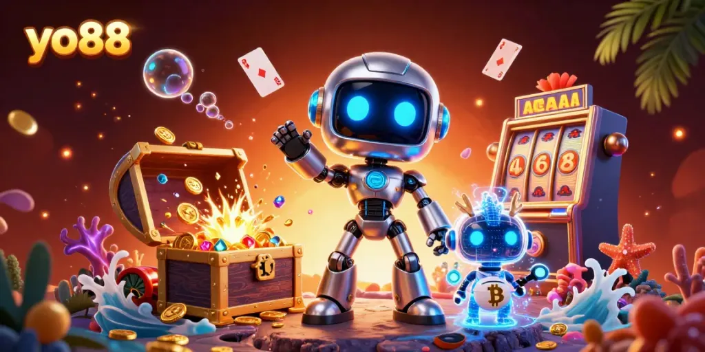 Spin the reels and join the excitement at yo88 with this vibrant 3D casino illustration packed with games.