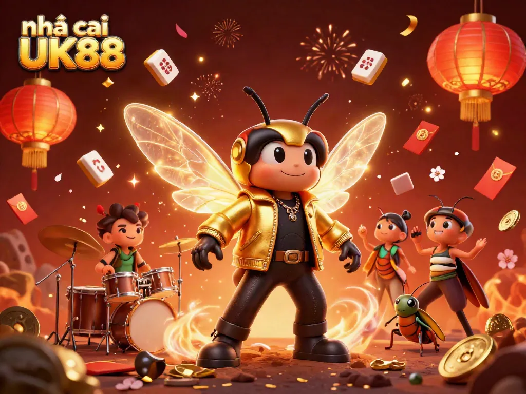 Experience the thrill of nhà cái UK88 with vibrant 3D rock star characters amidst a festive casino scene.