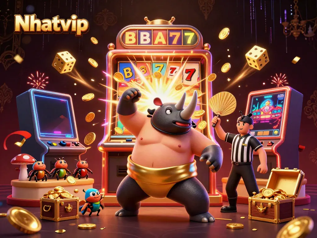 Nhatvip casino illustration featuring vibrant characters and slot machine action.