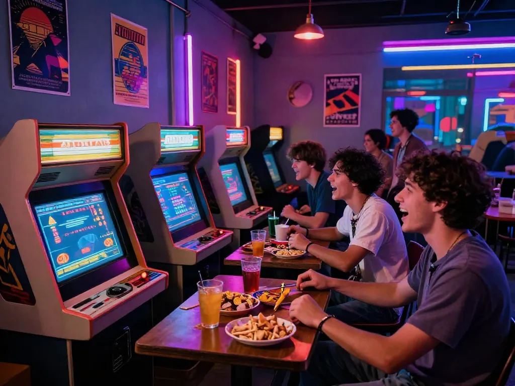 Friends playing classic games on PECAH404 arcade in a nostalgic gaming room.
