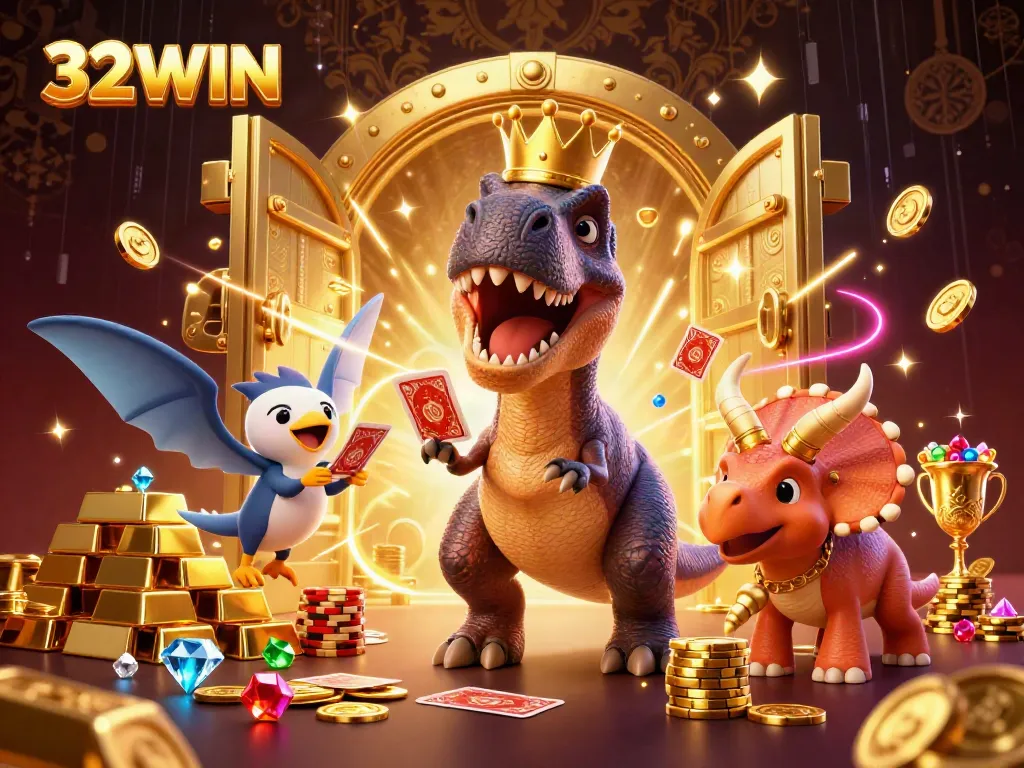 Experience thrilling gaming with 32WIN in a colorful casino scene featuring fun dinosaur characters.