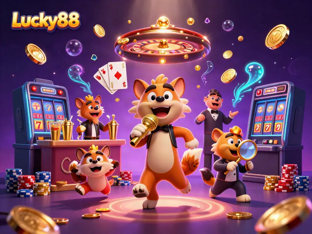 Experience the vibrant energy of Lucky88 with hyenas in a comedy casino scene, surrounded by dynamic game elements.