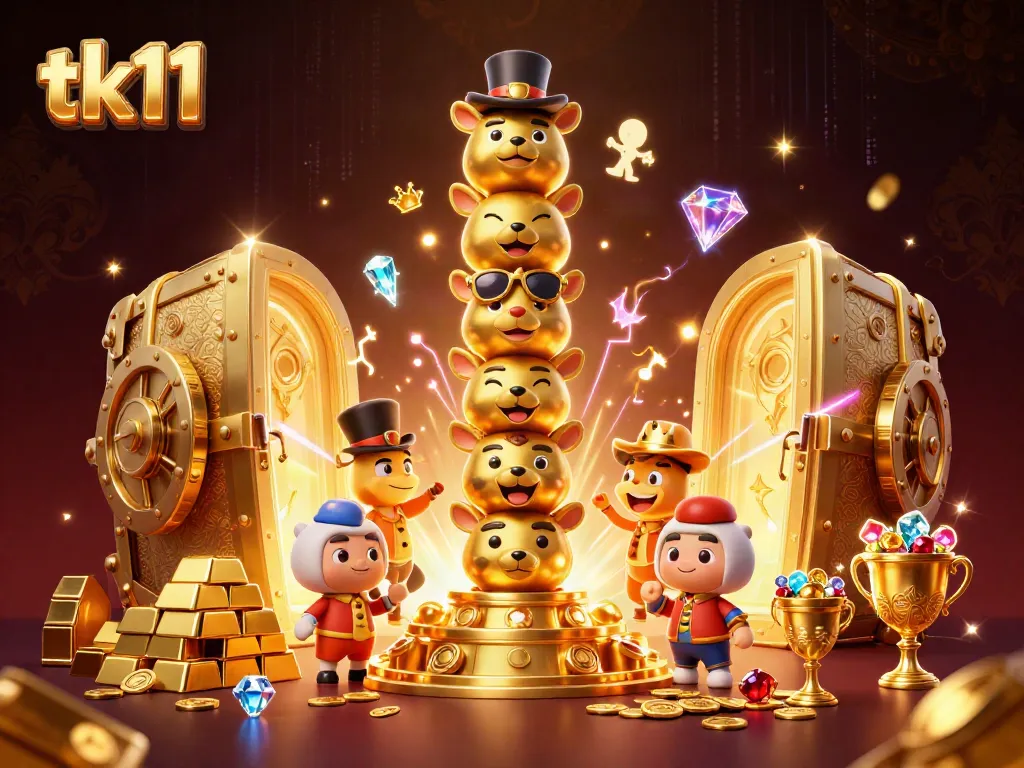 Engage in tk11 with dynamic 3D cartoon characters surrounded by riches and casino elements.