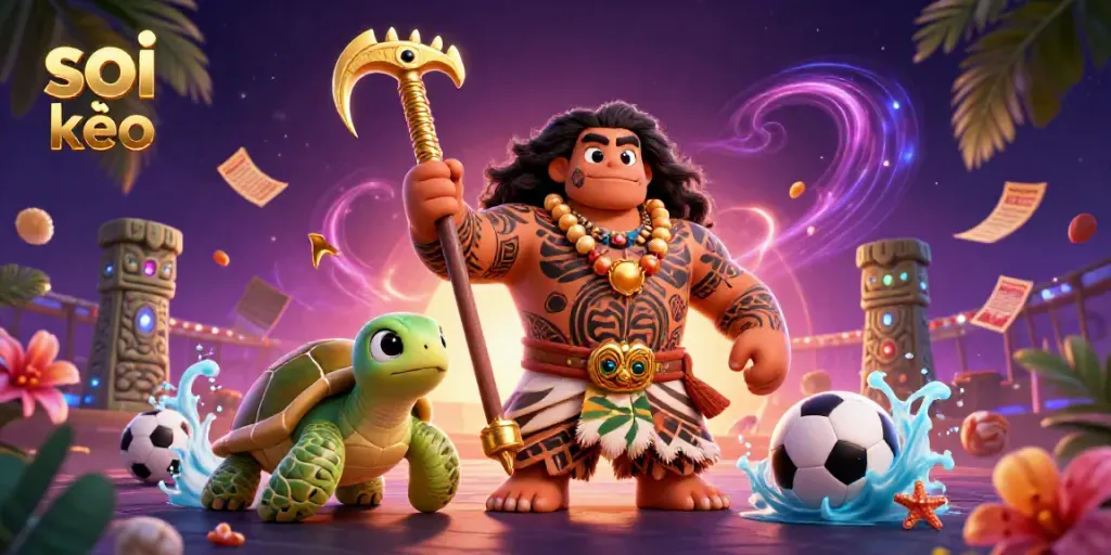 Soi kèo sports betting illustration featuring a demigod hawk, turtle sidekick, and dynamic gambling elements.