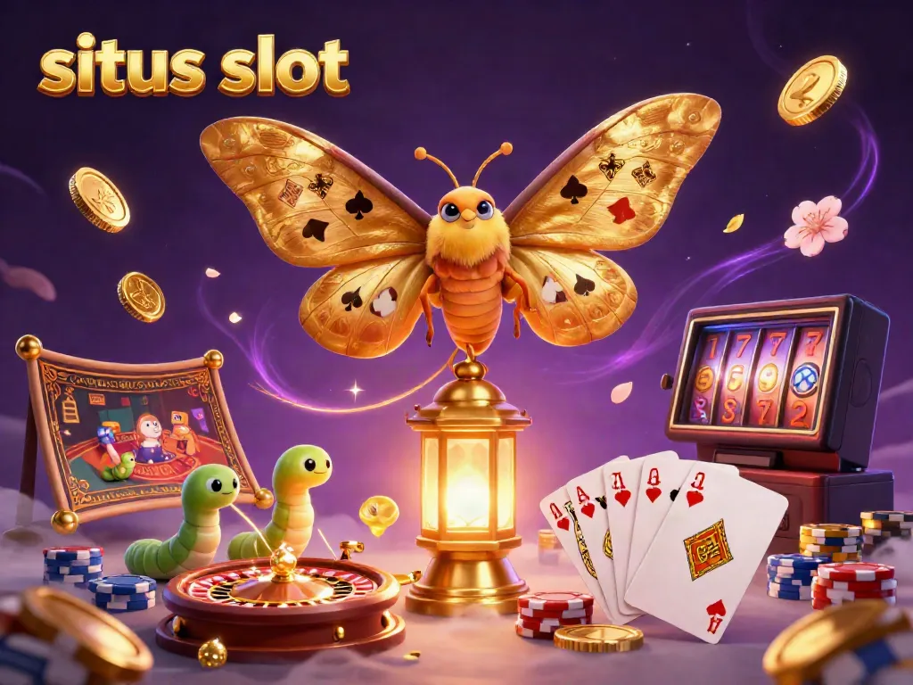 Experience excitement with situs slot featuring a 3D atlas moth surrounded by casino elements.
