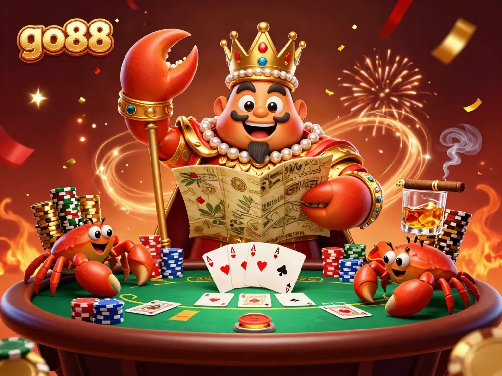 Experience go88's vibrant gambling scene with a golden crab emperor and poker elements.