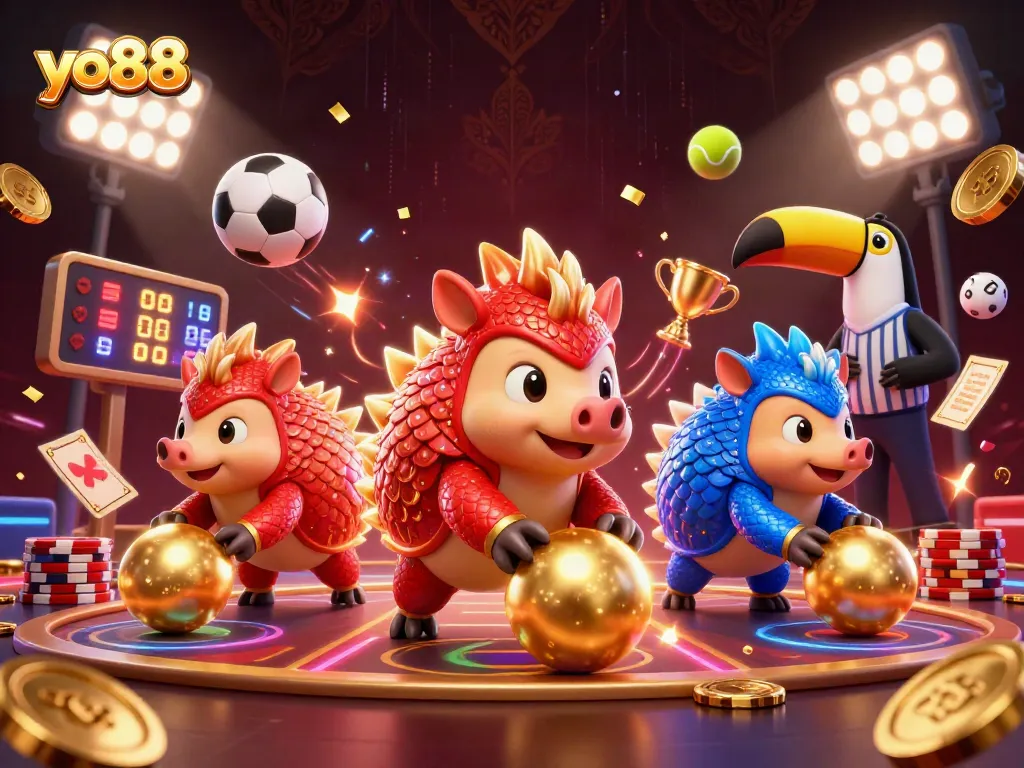 Engage in thrilling games at yo88 with colorful pangolins and dynamic sports balls.