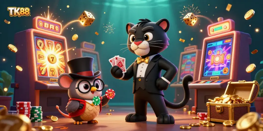 Experience the excitement of TK88 casino with a stylish black panther dealing cards, surrounded by vibrant casino elements.