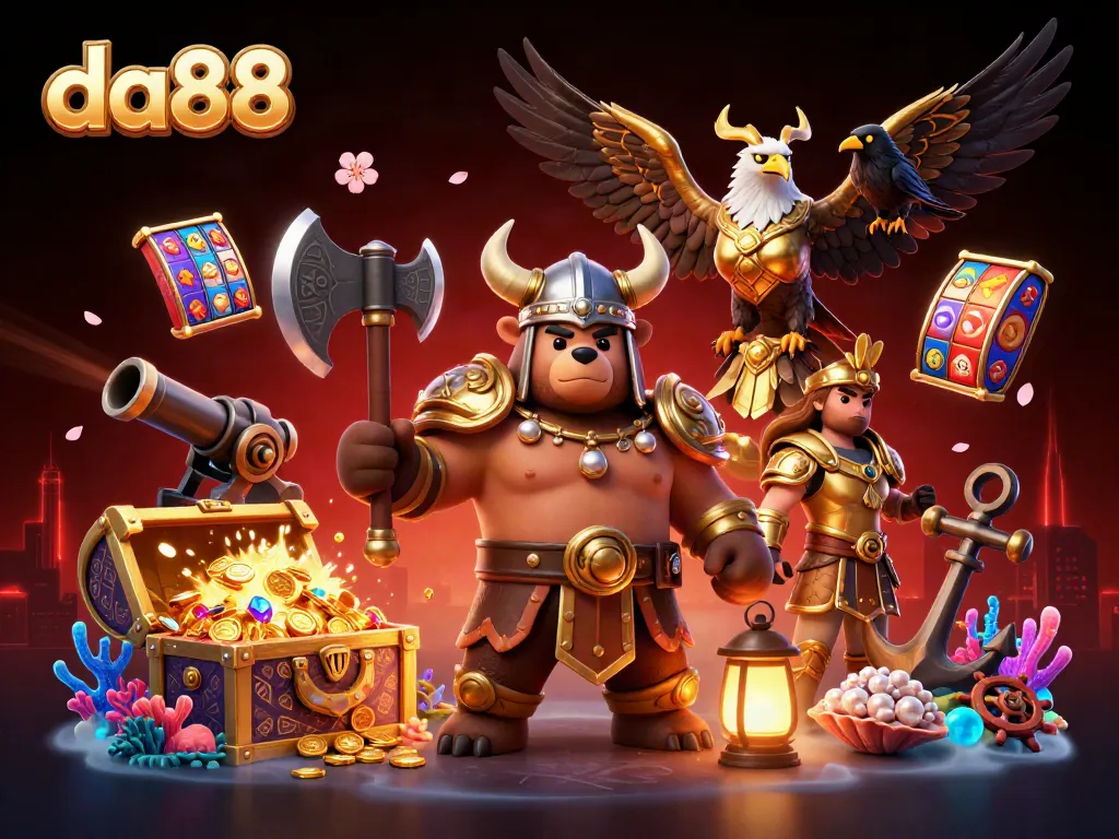 Experience the thrilling world of da88 with a Viking bear and Valkyrie eagle amid treasure and gaming symbols.