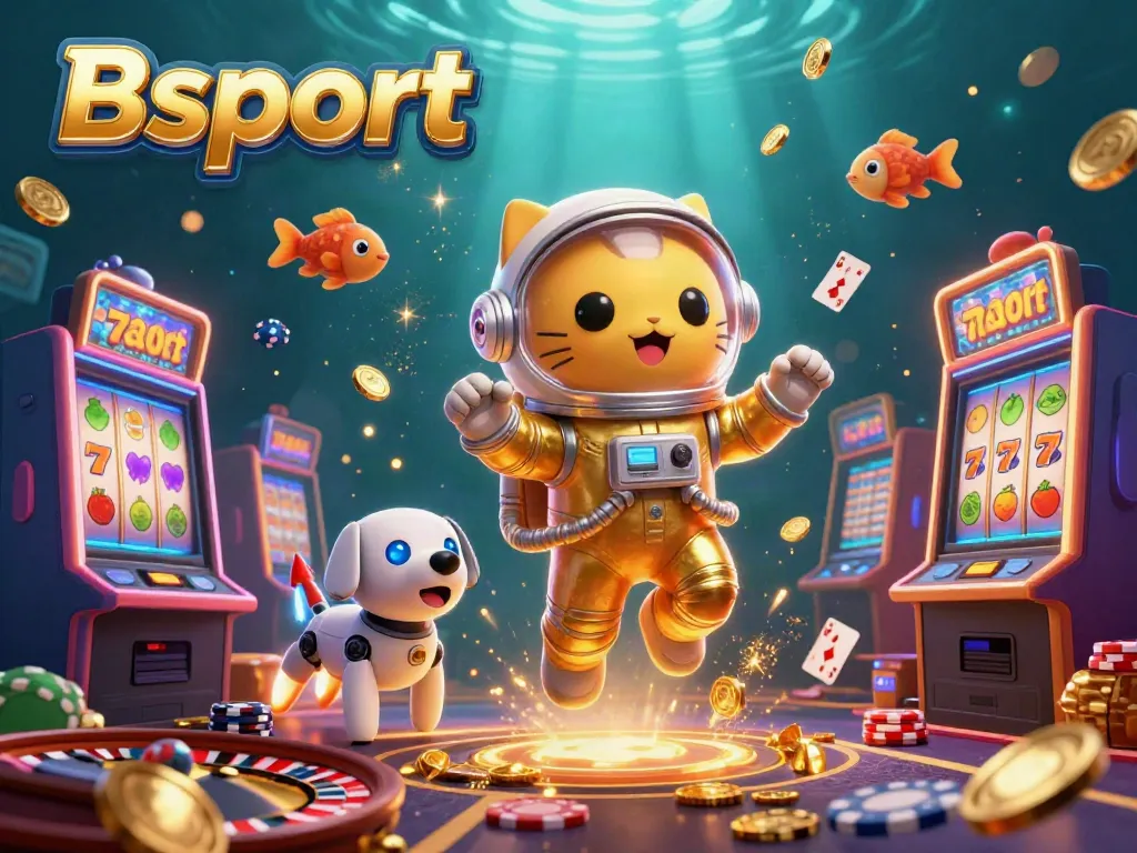 Experience gambling excitement with Bsport as a cosmic astronaut cat and robot dog play amidst golden slot machines.