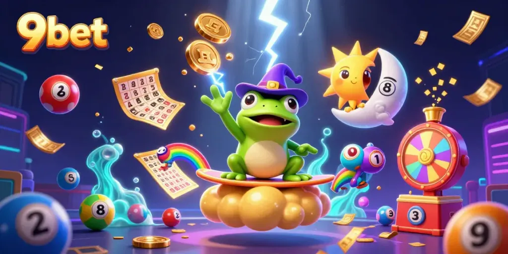 Experience the thrilling world of 9bet as a wizard frog conjures golden coins in a dynamic casino scene.