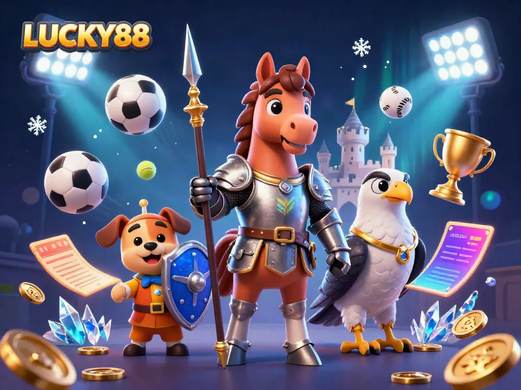 LUCKY88 unleashes excitement with knights, sports betting elements and trophies, perfect for gambling enthusiasts.