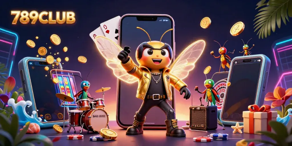 Experience the excitement of 789CLUB with a buzzing rock star scene and vibrant casino elements.