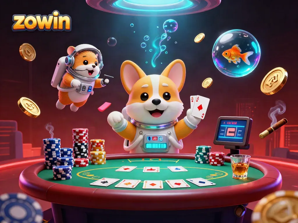Experience thrilling gameplay with ZOWIN in this vibrant 3D floating casino scene featuring dynamic characters.