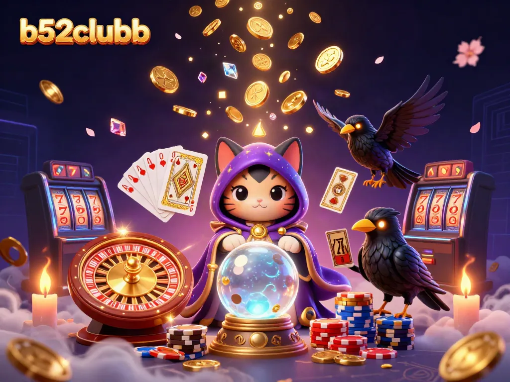 Engage with b52clubb's dynamic casino experience featuring a mystical fortune teller cat and vibrant game elements.