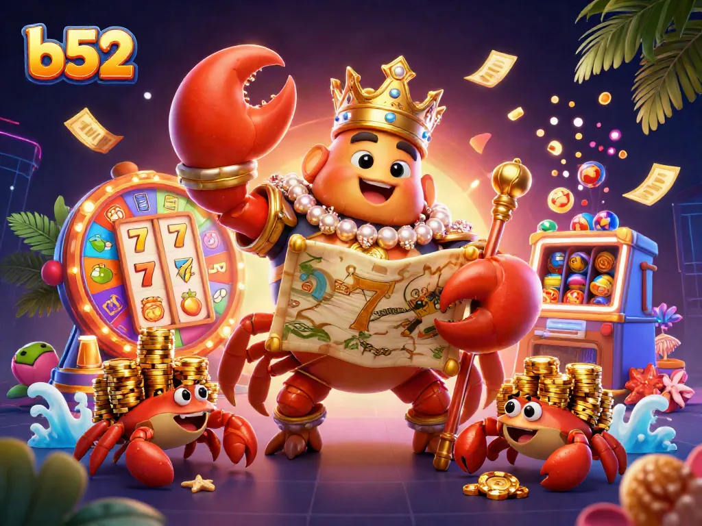 B52 casino scene featuring a golden crab emperor among vibrant slot reels and dynamic gaming elements.