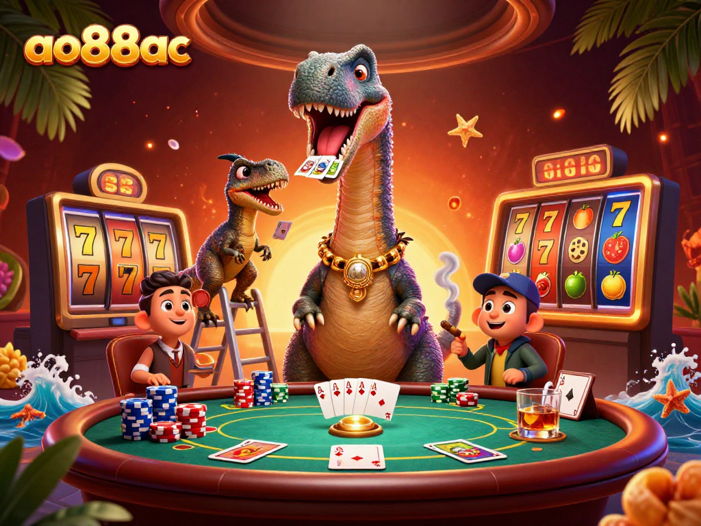 Experience thrilling gaming action at ao88ac with a playful brontosaurus and raptor in a vibrant casino scene.
