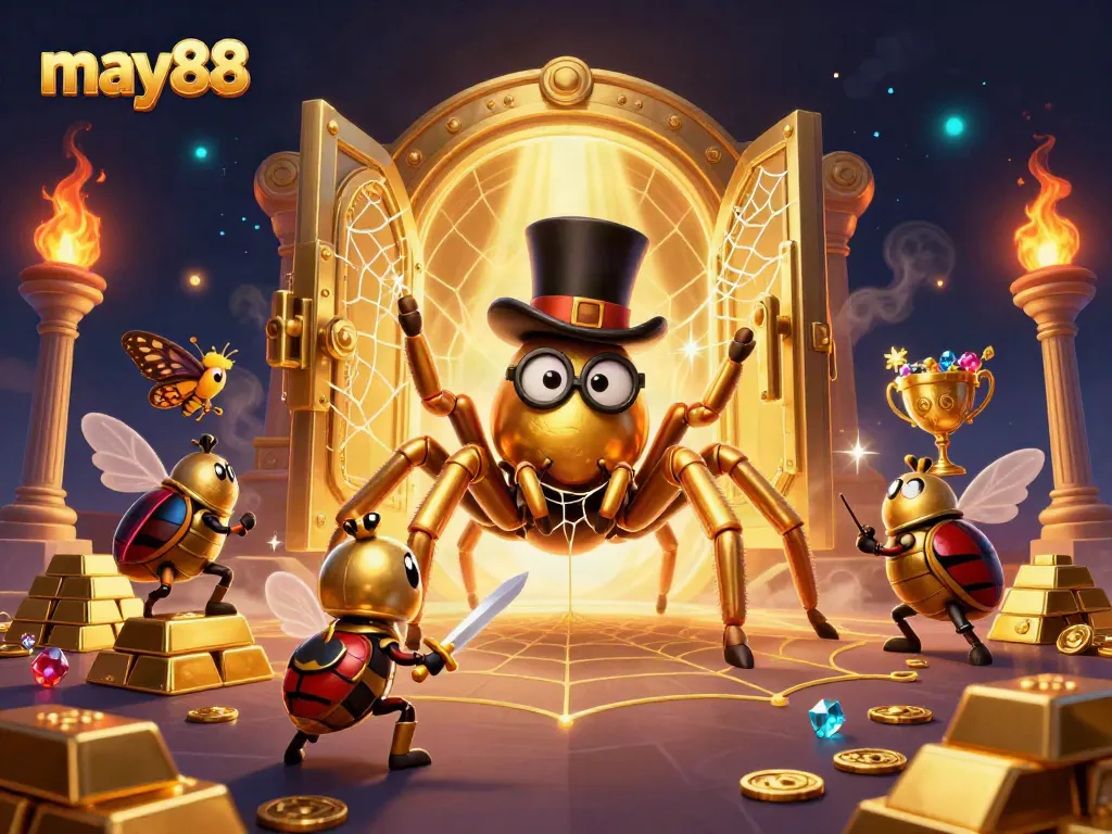 Experience the excitement of may88 with a golden tarantula, daring beetle knight, and enchanting treasure-filled scene.