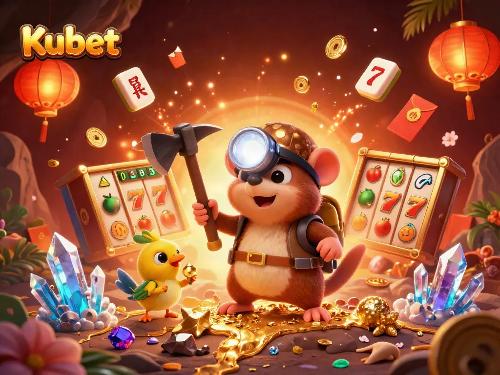 Kubet games showcase the treasure hunter mole and canary amidst glowing gems and slot reels.