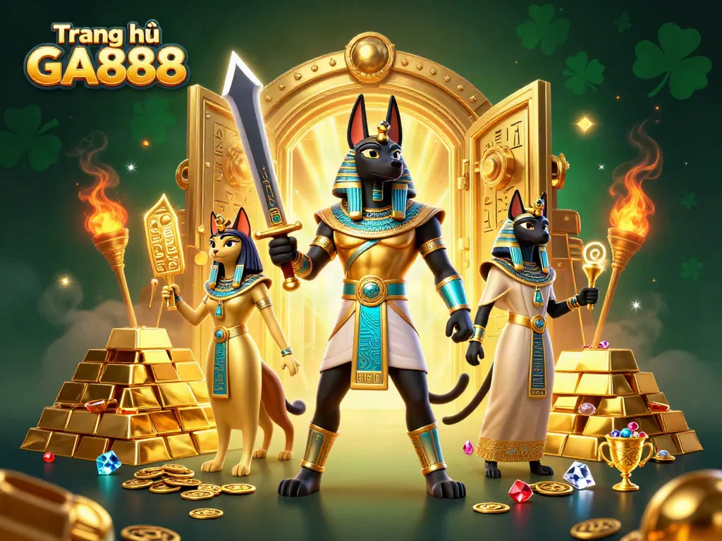 Bet on thrilling cockfights with Trang chủ GA888 showcasing Anubis and Bastet amid treasures.