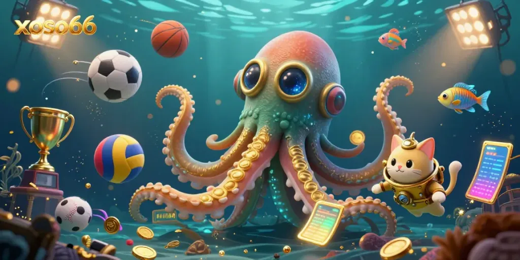 Engage with xoso66's thrilling casino atmosphere, featuring a kraken, diving cat, and sports elements.