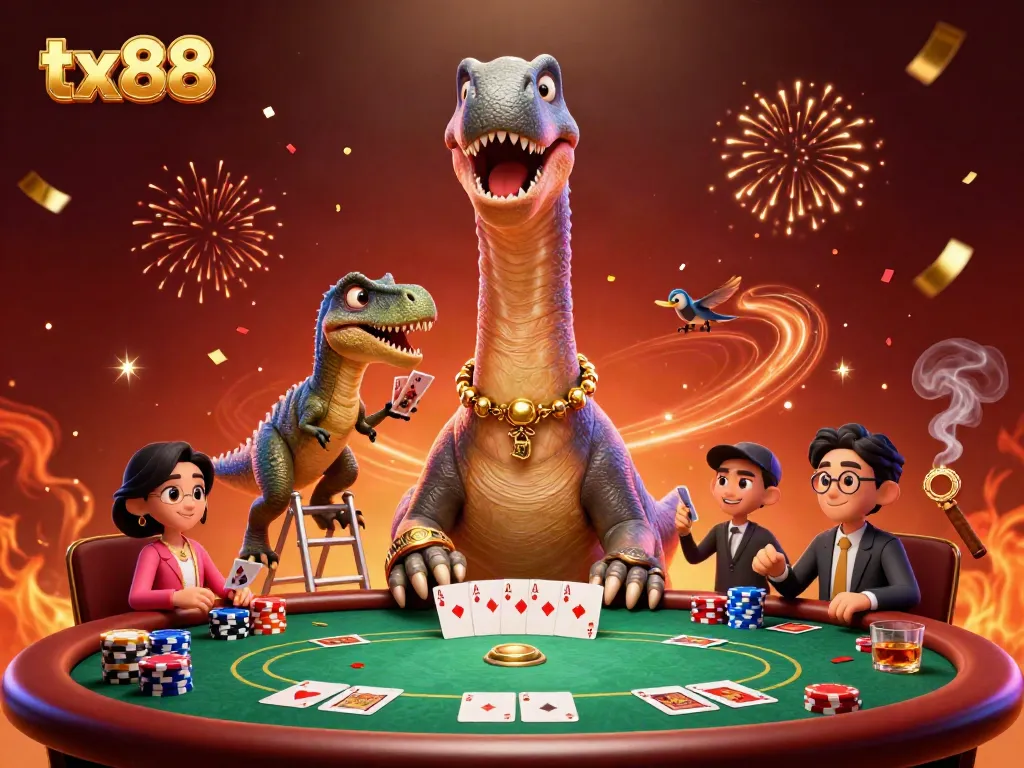 Engaging tx88 casino scene featuring a dinosaur and raptor playing poker amid festive decor.