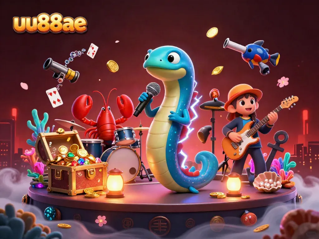 Experience the vibrant underwater casino scene featuring uu88ae, with an electric eel DJ and a dazzling backup band.