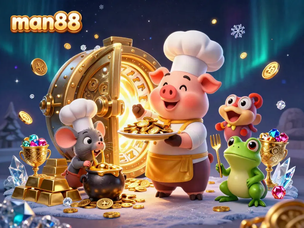 Experience thrilling wins at man88 with a vibrant illustration of a pig chef serving golden coins, embodying online casino excitement.