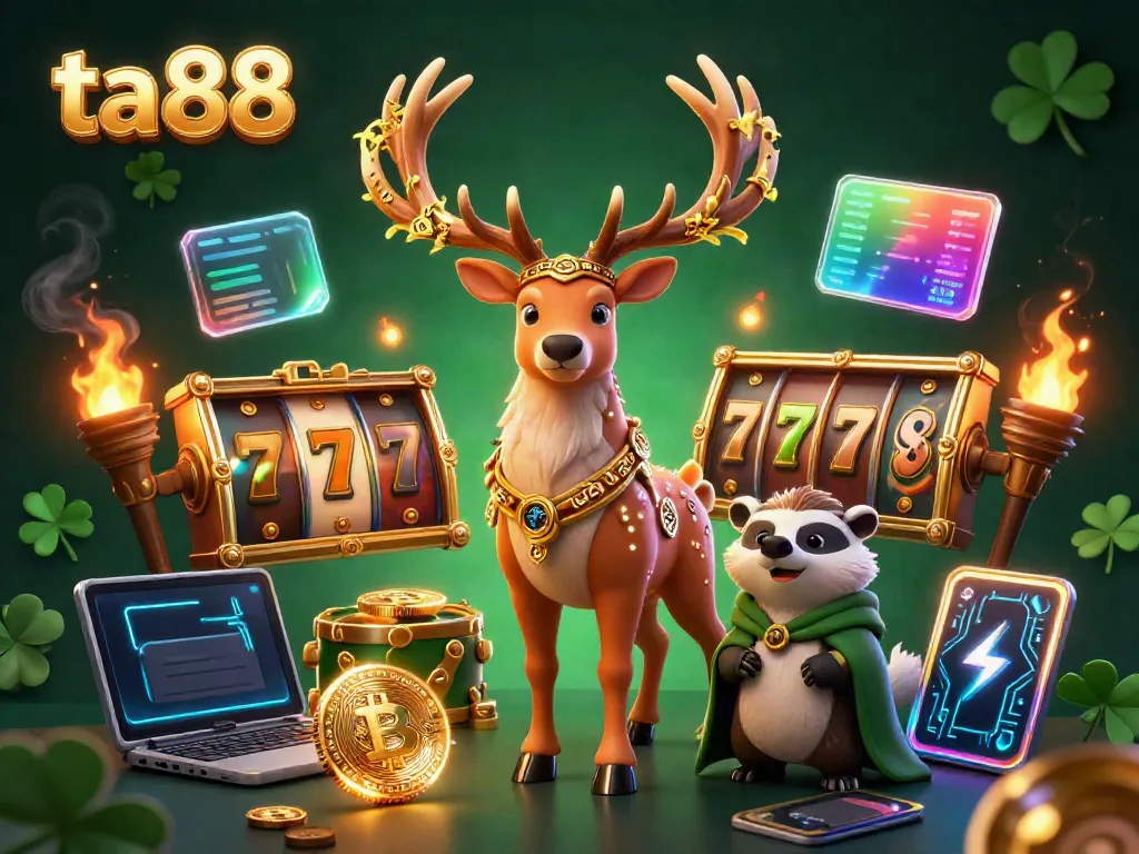 Engage with ta 88's vibrant slot gaming scene featuring a Celtic stag and badger in a magical setting.