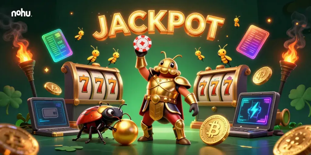 Join thrilling gameplay at nohu with a golden armored beetle celebrating a jackpot win amidst vibrant casino elements.