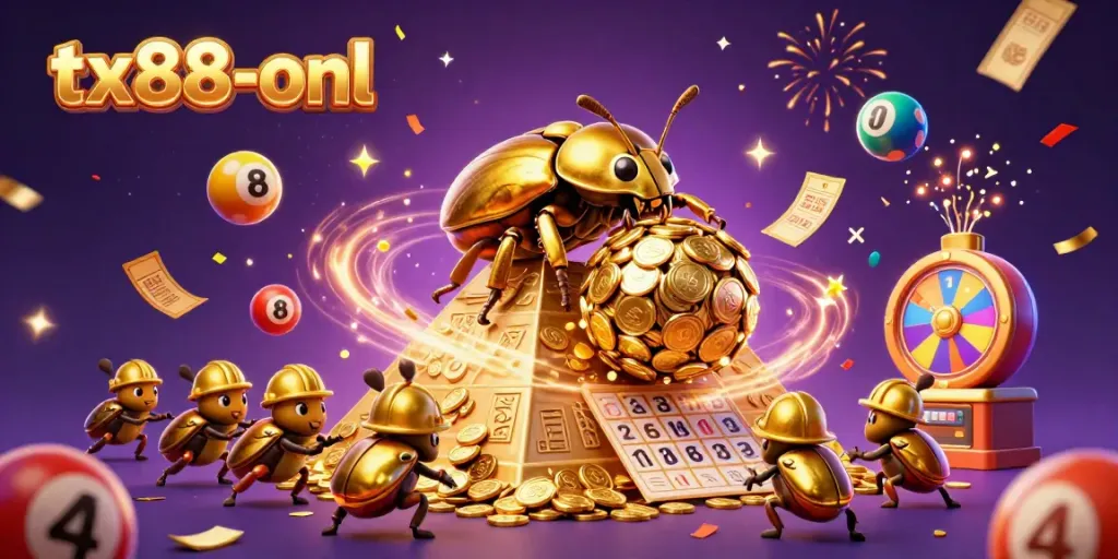 Engage with tx88-onl as golden beetles celebrate casino winnings amidst dynamic lottery elements.