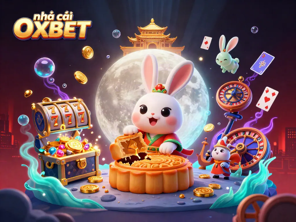 Experience thrilling gaming moments with nhà cái OXBET featuring animated moon rabbit and casino games.