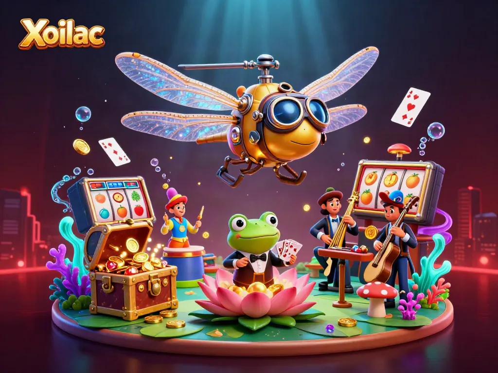 Xoilac delivers an electrifying casino experience with a dragonfly pilot and frog croupier amidst vibrant visuals.