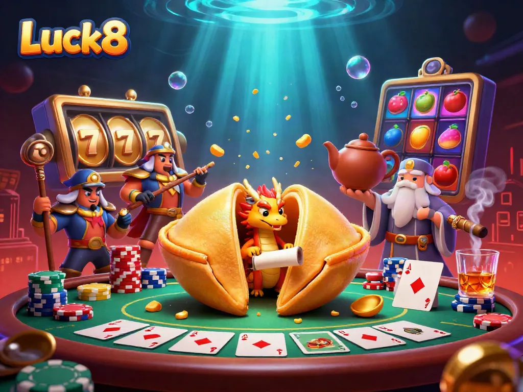 Experience thrilling wins at Luck8 with a vibrant 3D casino scene filled with gold, games, and excitement.