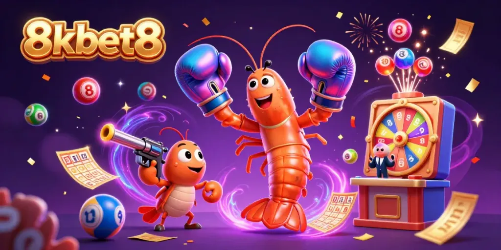 Engage with 8xbet8 in a vibrant 3D scene featuring animated lottery elements and festive characters.