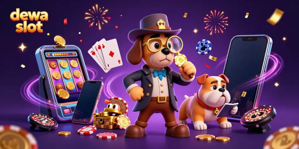 Experience thrilling dewa slot action with a detective and a bulldog amidst vibrant casino elements.