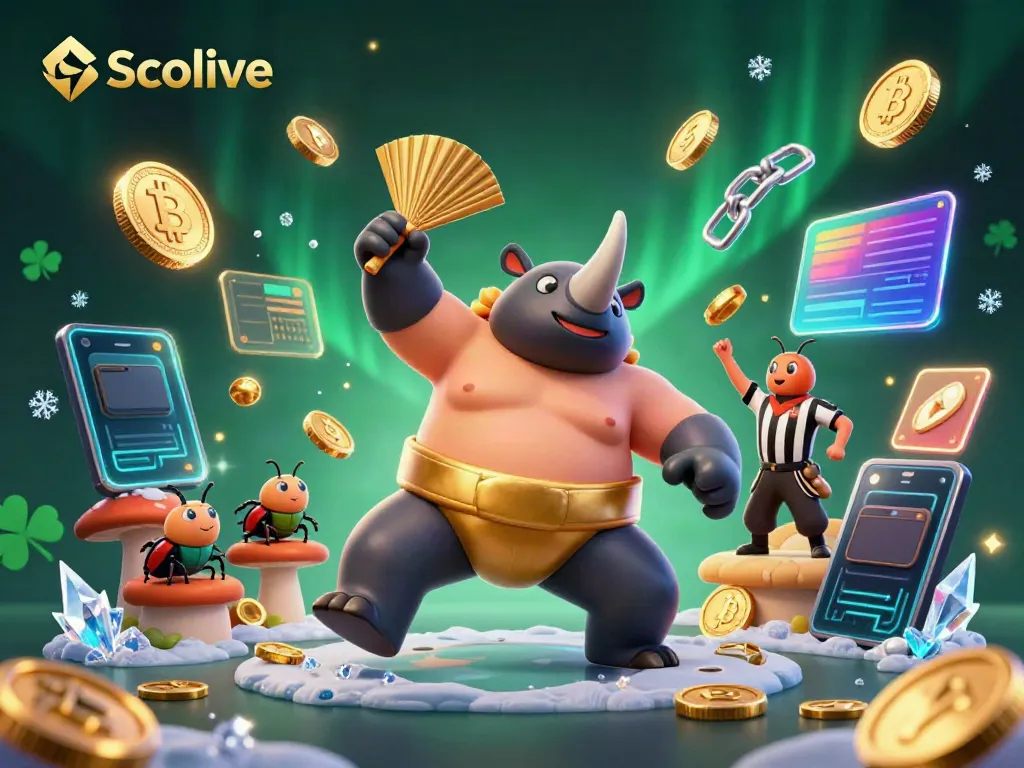 Experience Socolive's vibrant gaming scene with a sumo beetle champion surrounded by cryptocurrency elements.