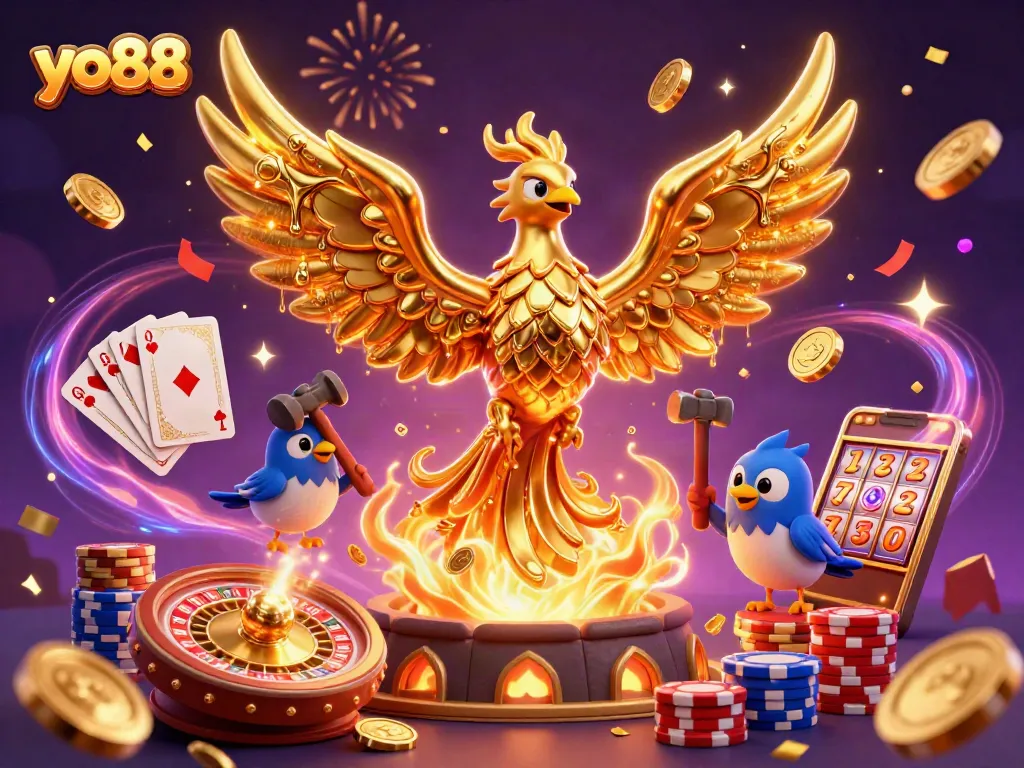 Experience excitement with yo88 featuring shimmering coins and a golden phoenix in a vibrant casino scene.