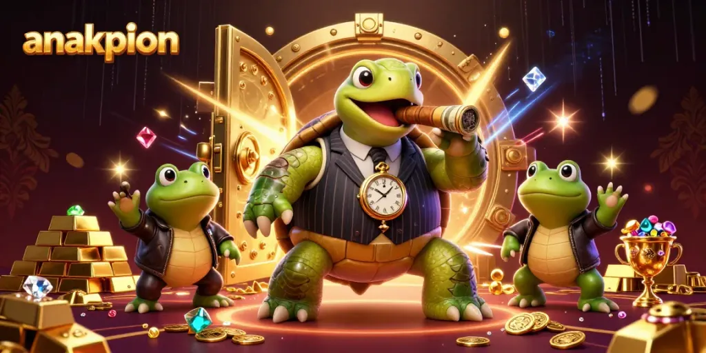 Experience thrilling gaming with Anakpion's vibrant casino illustration featuring charming characters and treasure.