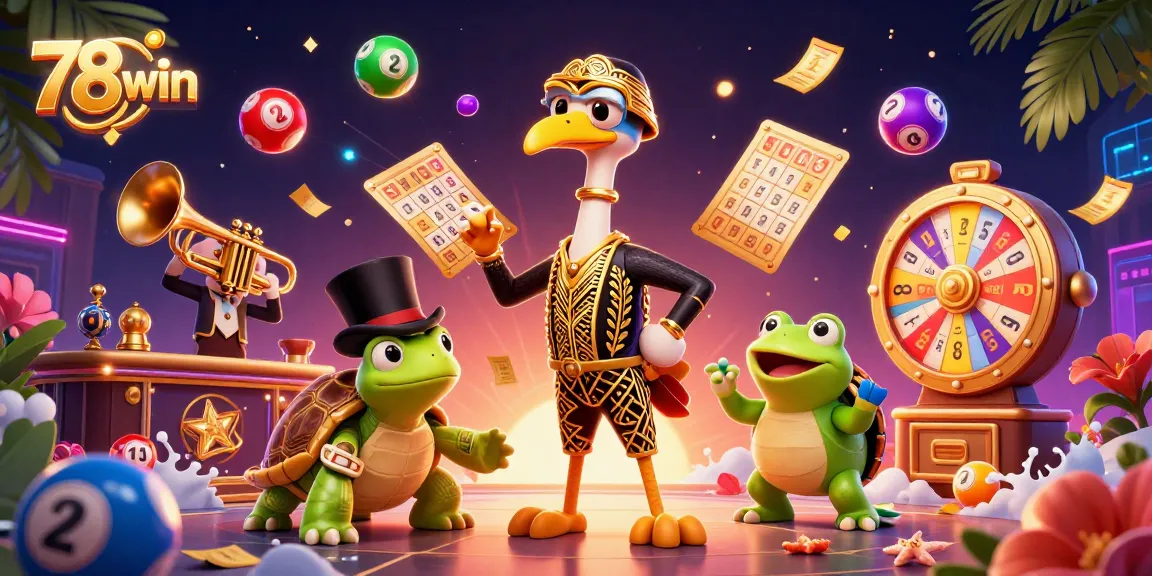 Engage with 78win's vibrant 3D casino illustration showcasing lottery excitement and fun.