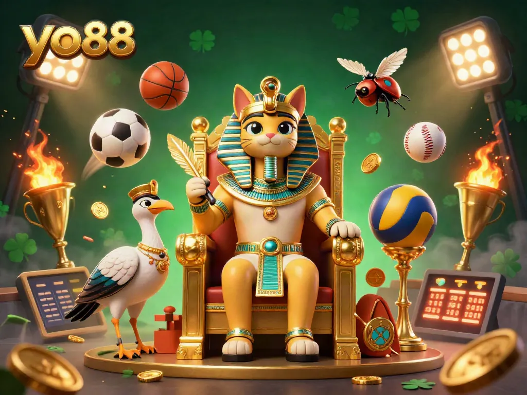 Experience dynamic sports action with yo88 as Egyptian pharaoh cat and ibis scribe decorate a golden throne surrounded by celebratory elements.