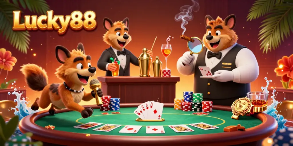 Experience lively interactions at Lucky88 with hyenas as a comedian, bartender, and bouncer in a vibrant casino.