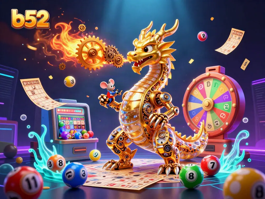 Spin to win with b52's vibrant lottery elements and a golden dragon in action